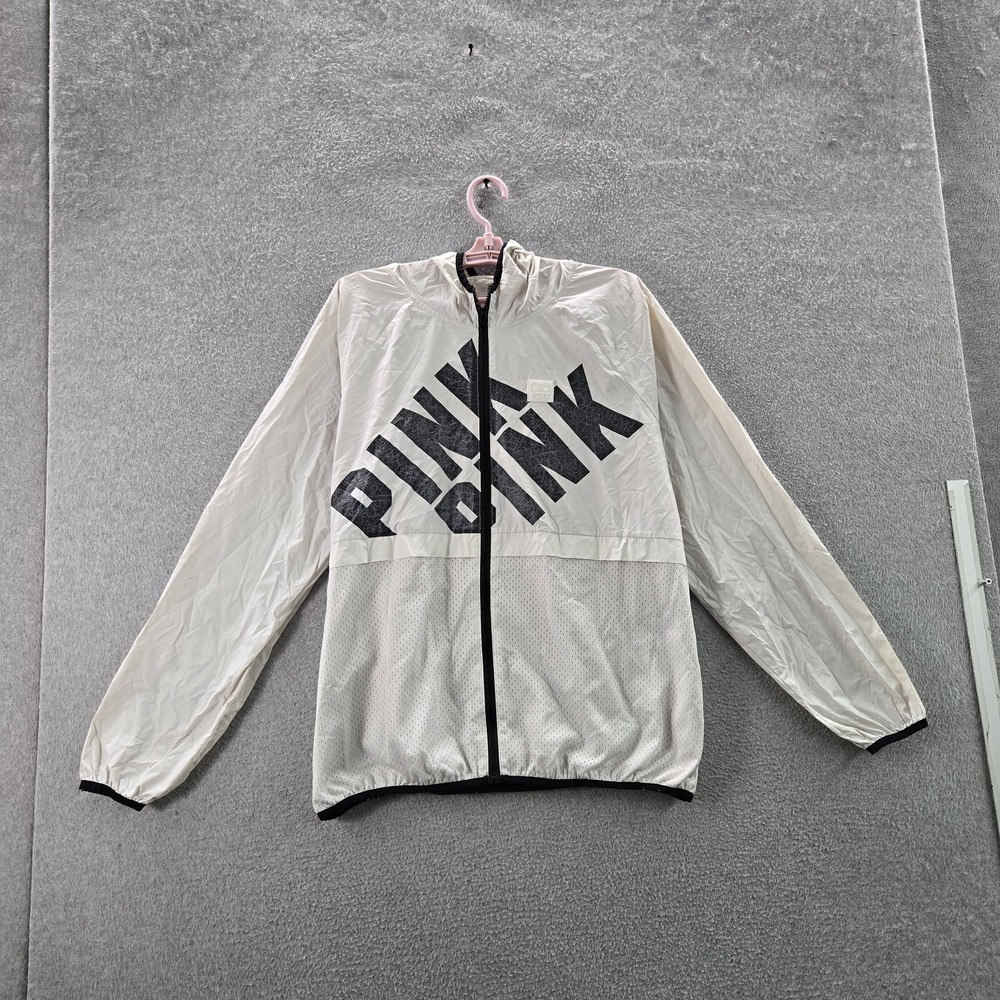 PINK‎ Victoria's Secret Women Jacket M White Logo Activewear Zipper Windbreaker